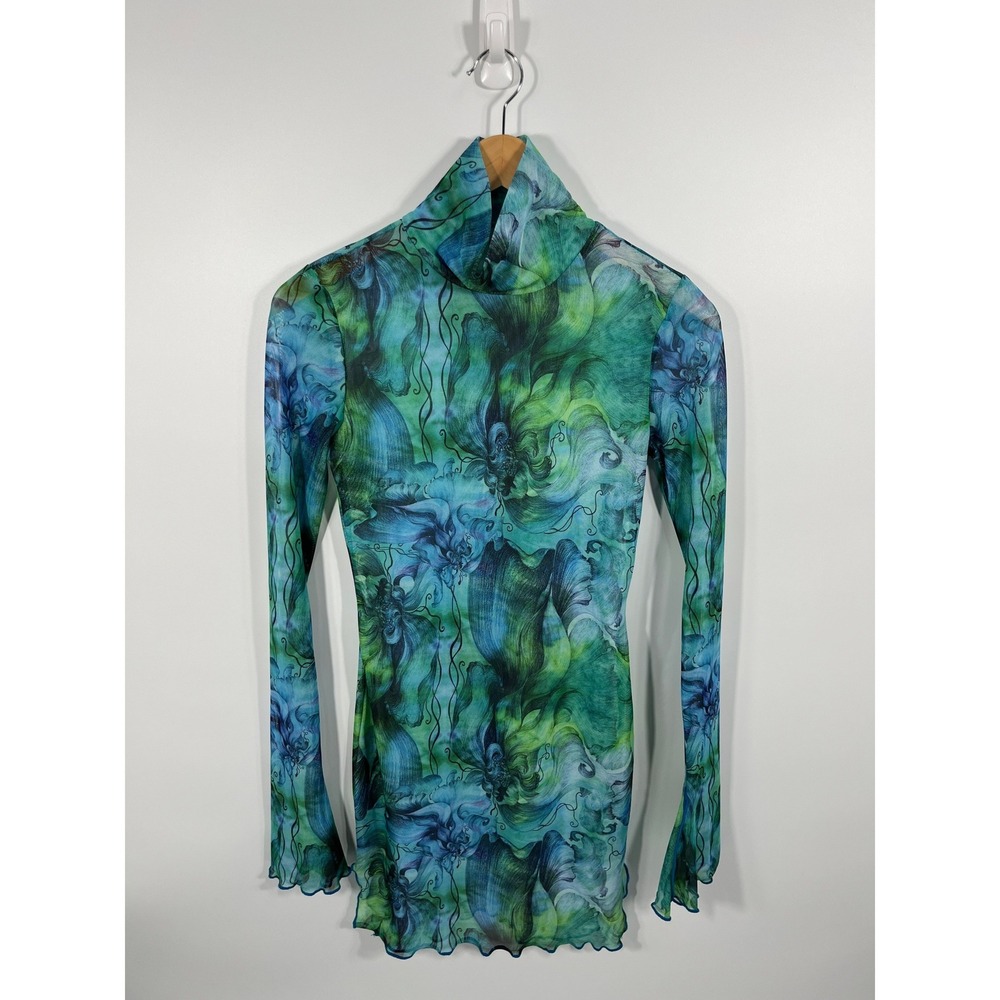 Womens Y2K Mock Neck Mini Dress S Blue‎ Sheer Mesh Flare Sleeve Festival Rave